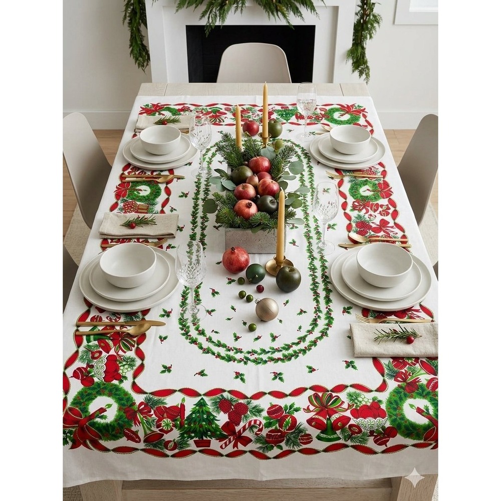 1950s-60s Christmas Tablecloth Holiday Wreath Tree Bell Print 60x82